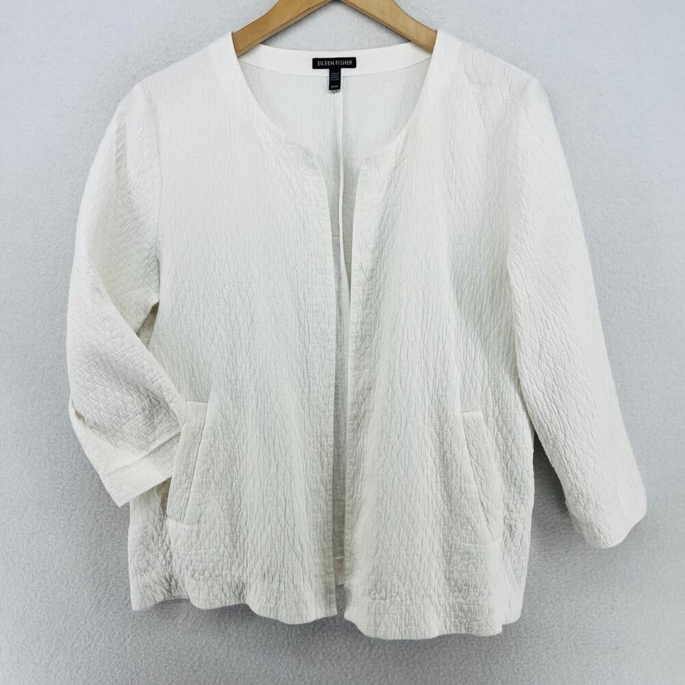 Eileen Fisher Jacket M Organic Cotton Quilted Crinkle Open Front Blazer White